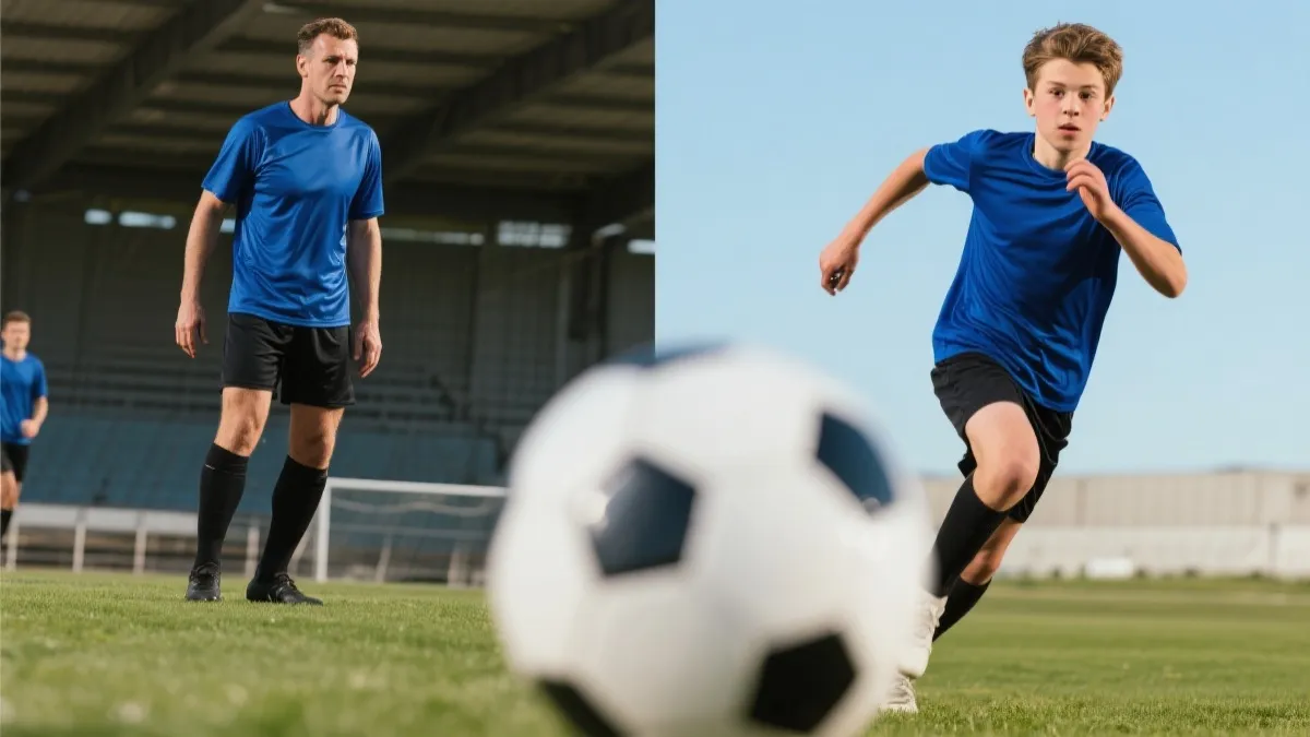 一半是经验老将的剪影，一半是年轻球员的奔跑姿态，形成对比构图