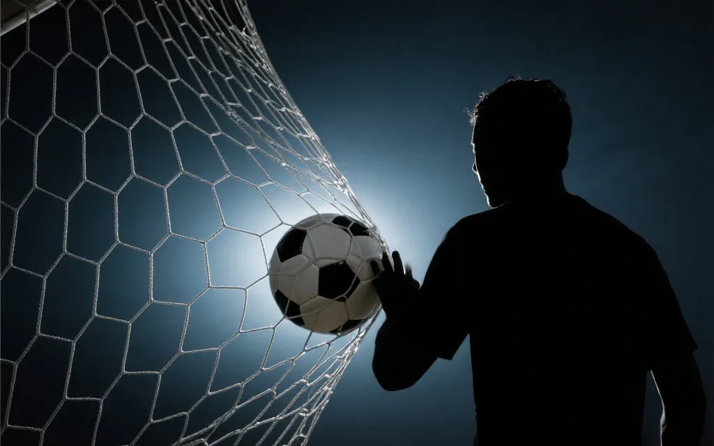 近景足球入网瞬间，网线震动，前锋背影与球门灯光形成强烈对比